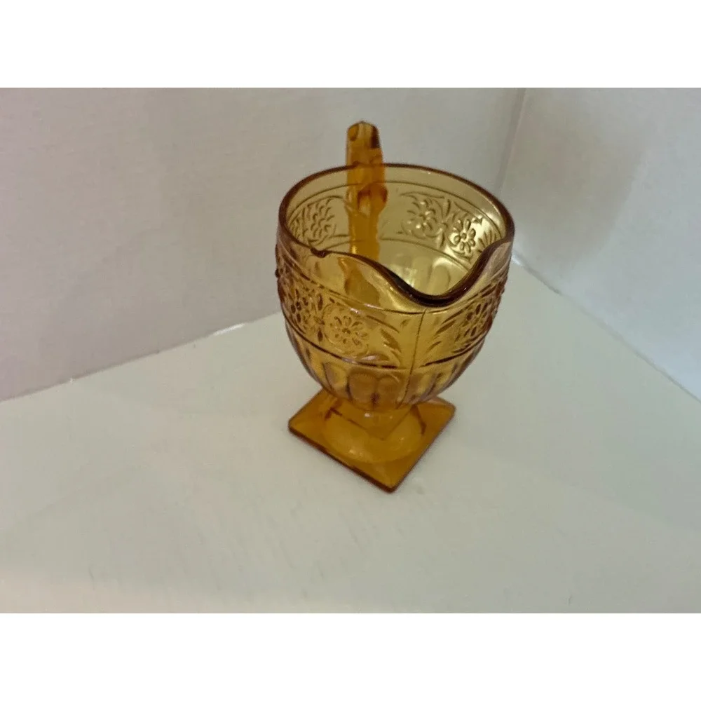 Tiara Vintage Amber Glass Creamer Sandwich Pattern Floral Square Base Small